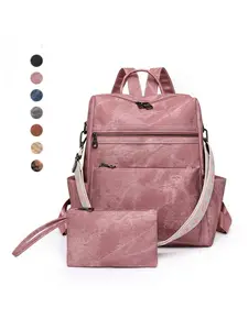 Vintage Leather Backpack Set, Ethnic Style Wide Shoulder Strap, Anti-Theft Design, Unisex Commuter Travel Bag, Includes Coin Purse, Waterproof Bookbag