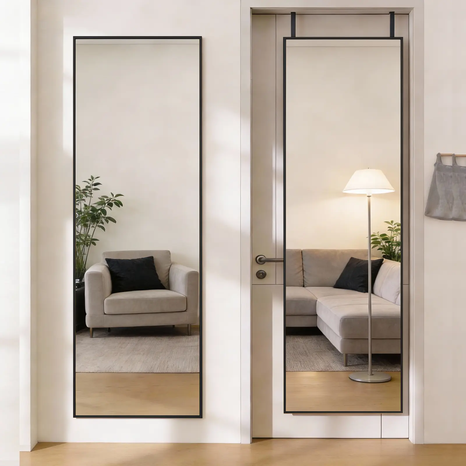 Full Length Mirror Over The Door, Wall Mounted Full Body Mirror, Door Hanging Metal Aluminum Alloy Frame Dressing Mirror for Bedroom, Living Room, Entryway