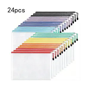 Random Color Mesh Zipper File Bag, 24pcs A4 Size File Bag, Files Organizer, Office Stationery & Supplies for Home School Office Dormitory Outdoor