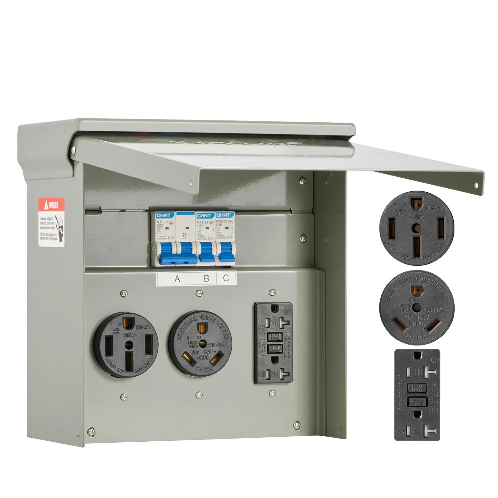 【Summerfinds】VEVOR Temporary Power Outlet Panel 20 30 50 AmpRV EV Electrical Outlet Panelwith NEMA 50 Amp NEMA 30 Amp GFCI 20 Amp Receptacle InstalledPre-Wired IP54 Weatherproof Boxfor RV Camper Motorhome