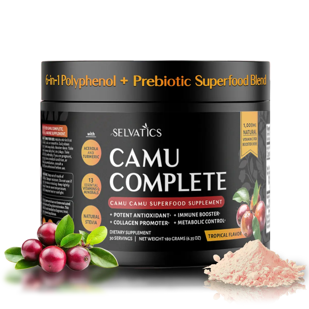 Selvatics CamuComplete™ 6-in-1 Polyphenol & Prebiotic Functional Superfood Supplement with whole fruit Camu Camu Acerola Turmeric 13 Vitamins Minerals for Daily Vitality, Cellular Detox, Immunity, Liver Gut Health, Collagen Promoter, Longevity.