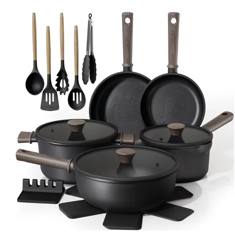 18pc Black Titanium Luxury Cookware Set Professional Nonstick Induction Ready with Utensils and Lids