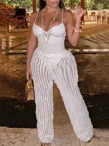 Women's 2 Counts Solid Backless Cami Bodysuit & Elastic Waist Frilled Pants Set, Medium Fashion Casual Feminine V Neck Spaghetti Strap Bodysuit & Straight Leg Trousers for Daily Wear, Ladies Outfits Clothes Set for All Seasons