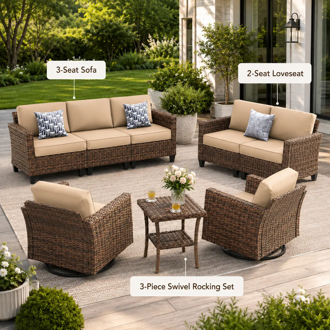 UDPATIO Modular Outdoor Wicker Patio Furniture Set - PE Rattan 3-Piece Swivel Rocking Multi-Seat Set with Loveseat, Couch, Swivel Base, Wicker Look & Waterproof Cover for Backyard, Porch