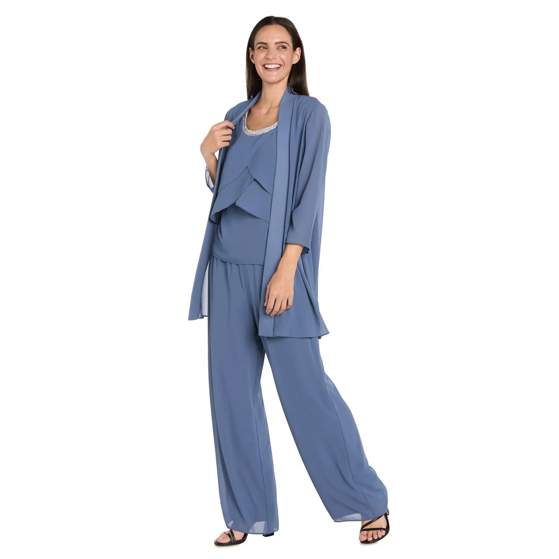 Elegant 3-Piece Chiffon Soufflé Pantsuit with Beaded Necklace Trim & Duster Jacket-Petite