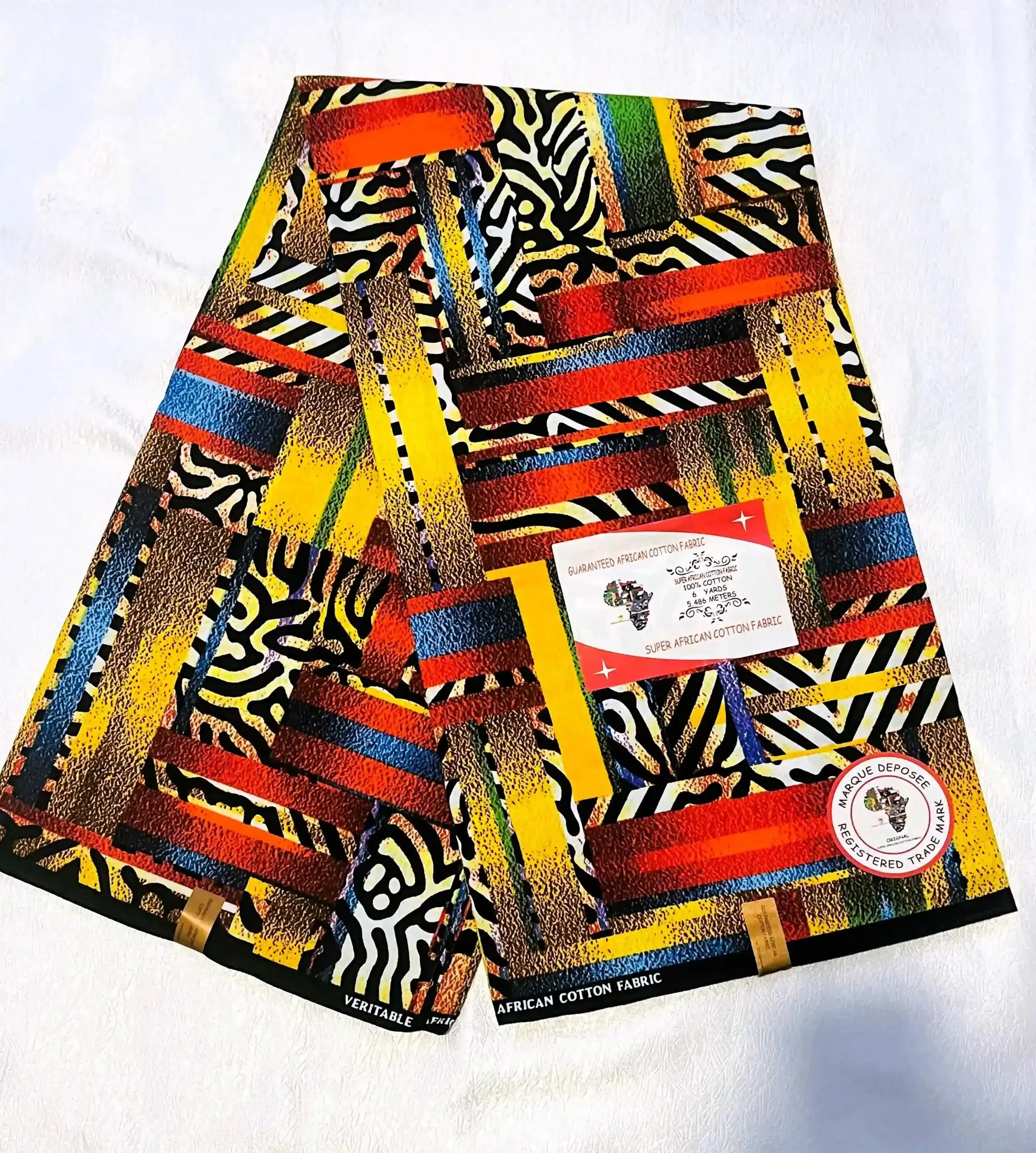 Premium Ankara/Kitenge Fabric – Vibrant Geometric and Zebra African Wax Print, Red, Yellow, Blue & Black, 6 Yards Authentic Cotton