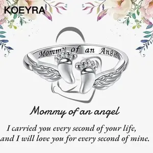 Adjustable Letter & Wing Design Cuff Ring for Women Elegant All-match Fashion Accessory Personalized Engraved Ring Mommy of an Angel