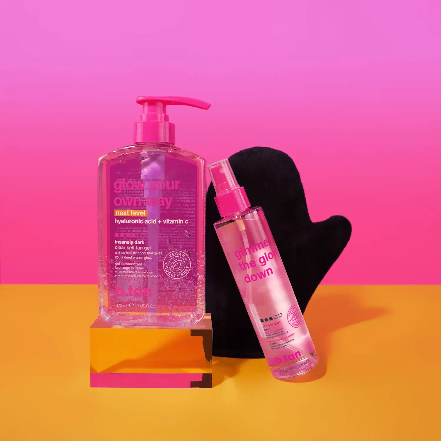 Glow Your Own Way Next Level + Mist Bundle | b.tan Best Dark Clear Self Tan Gel & Face Spray Kit | Ultra Dark, 1 Hour Express, Transfer-Resistant Fake Tanner Gel with Face Tanning Mist, Velvety Applicator Tanning Mitt Body Care Hyaluronic
