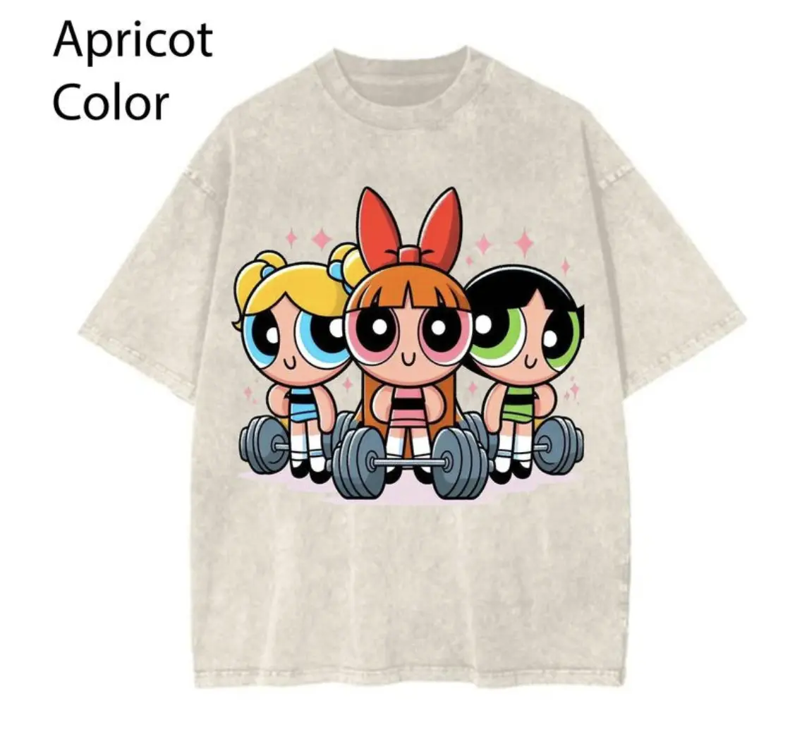 Cute Girl #Powerpuff Weightlifting T-Shirt, Cute Cartoon Weightlifting Teet, Gym Shirt, Graphic Gym Shirt, Vintage Washed Tee Conton, Gym Shirt Women, For Men, Ful Size