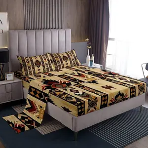 Wood Southwestern Bed Sheets Set Geometric Sheet Set Tribal Native American Indian Design Vinatge Sheets with Deep Pocket Fitted Sheet Decor Exotic Style Stripe Line Bedding Set