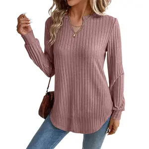 Shewin Women's 2026 Spring Knitwear Blouse - Deep V-Neck, Long Sleeve, Ribbed Knit, Striped Basic Pullover Top, Soft Blend Fabric, Cozy Viscose-Polyester, Ideal for Work & Casual Wear,summervibes