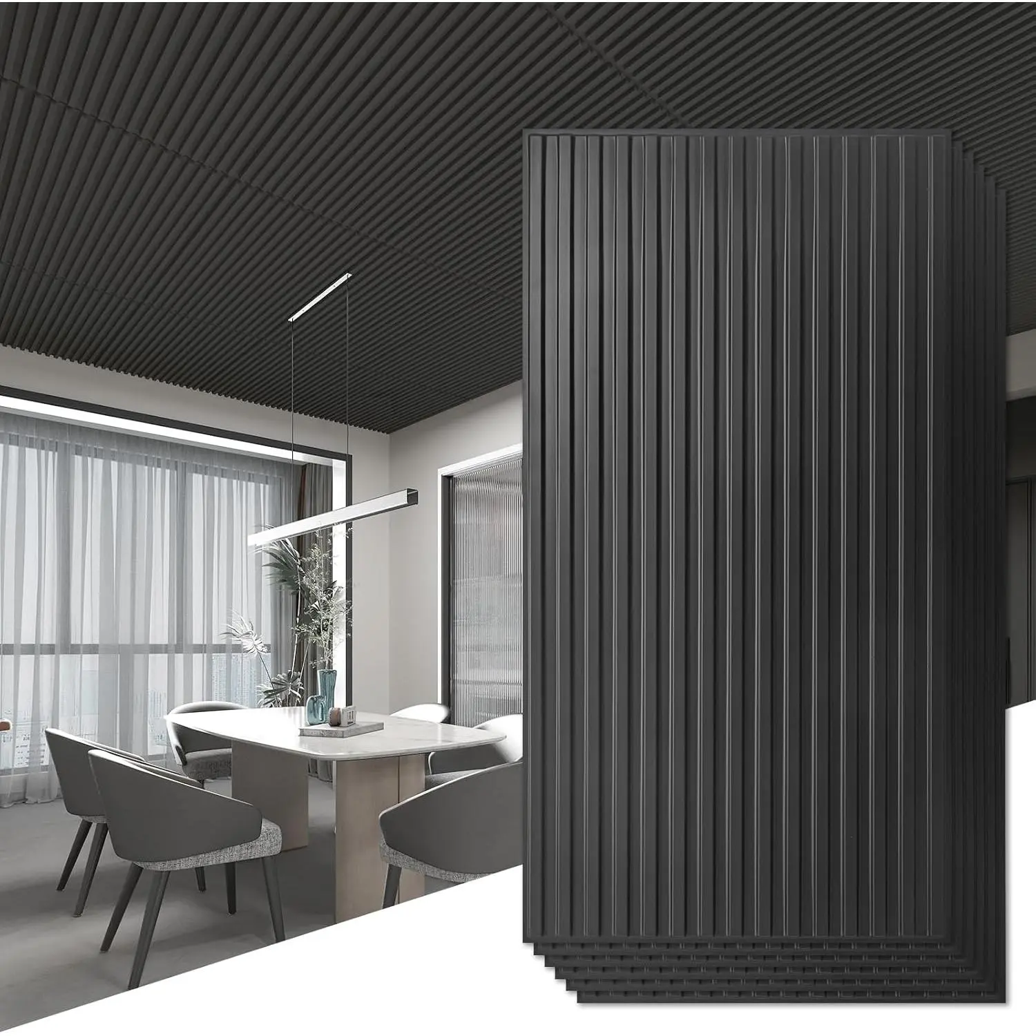 Synthetic 3D PVC Wall Panels - Sturdy, Customizable Slat Design, 24x48in.-6 Pack, Black, for Residential & Commercial Environments, Elevate Design
