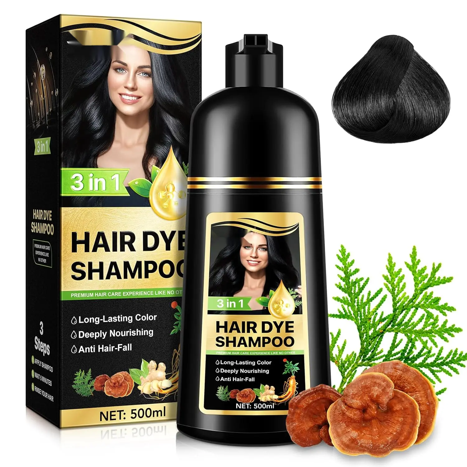 Black  Dye Shampoo, 3 in 1 for Gray Coverage, Instant Herbal Natural Plant  Color Shampoo for Men & Women, Colors in Minutes, Long Lasting-Safe & Easy to Use 500ml bubble hair heads pad glow coloring purple sea foam extract
