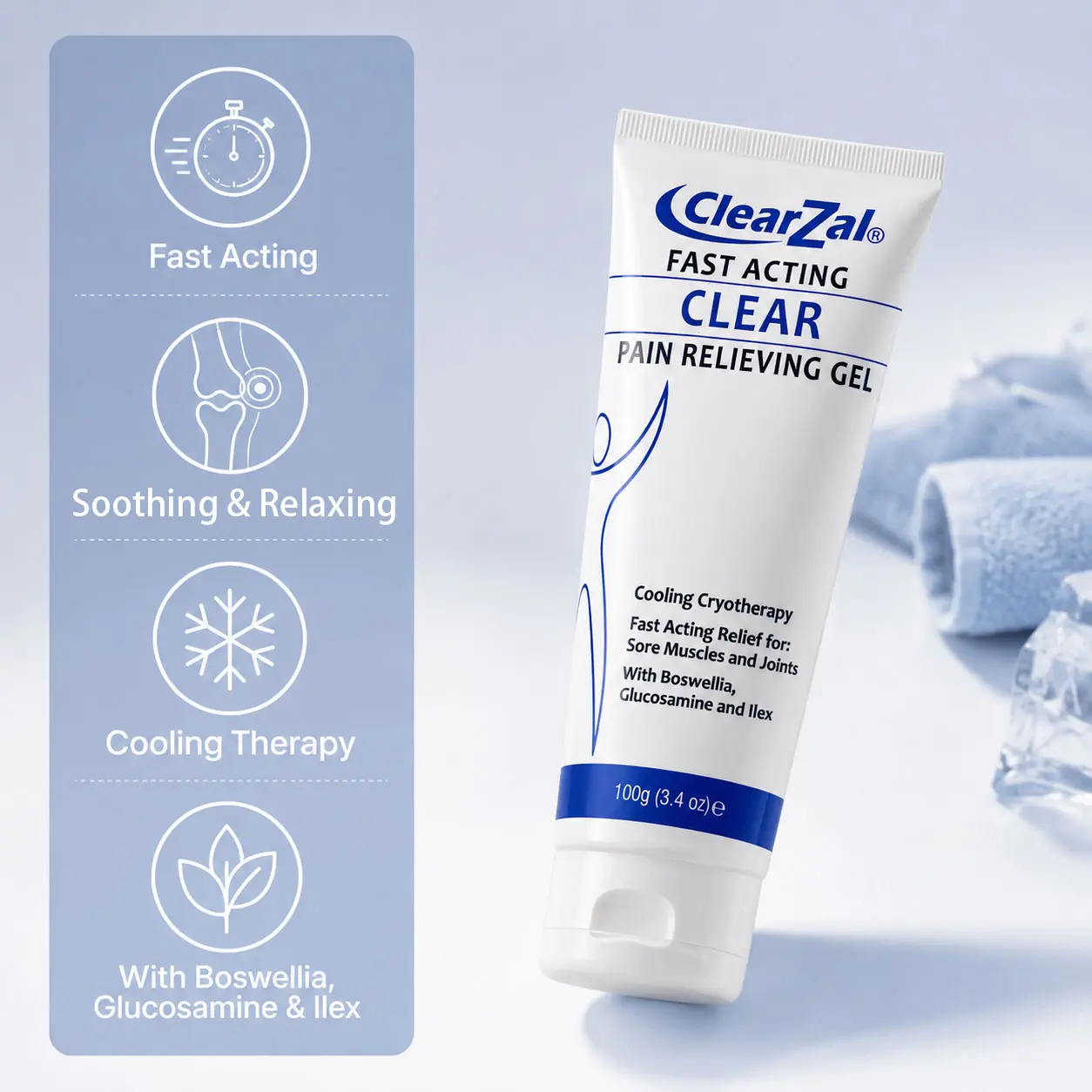 Clearzal Instant Soothing Cooling Gel 100g, Muscle Revival Body Gel, Cooling with Menthol and Frankincense, Helps Relieve Muscle Tension , Relax your waist, legs, knees, shoulders and neck to relieve fatigue, Sports Soothing Cooling Gel