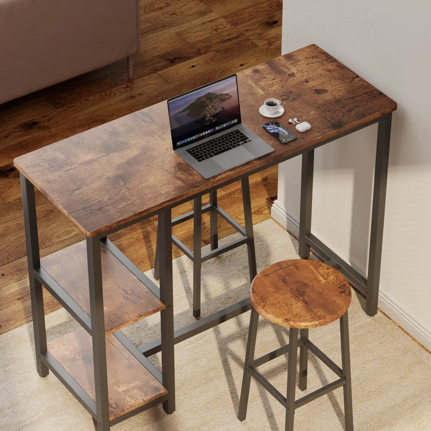 Gizoon3-Piece Bar Table Set for 2 Bar Height Table with Stools & 2 Storage Shelves Small Bar Table Set with Glass Rack Small Kitchen Table for Dining Room Living Room