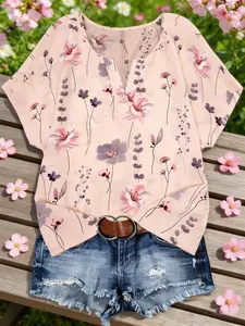 Plus Size Light Crushed Flower Batwing Sleeves Blouse, Small V Neck + Irregular Hem, Breathable Lightweight, Casual Vacation, Top, Womenswear, Shirts
