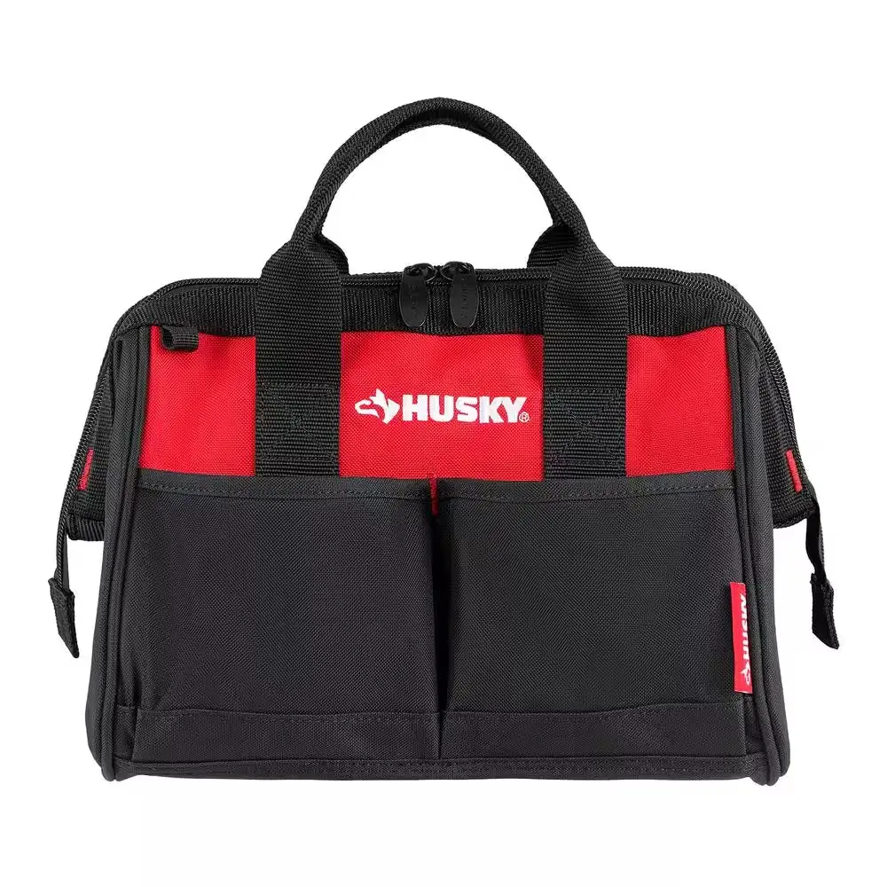 12 in 4 Pocket Zippered Tool Bag - Black & Red Organizer with Handles for Convenient Storage