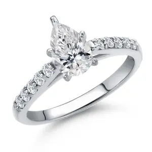 Gem Stone King 10K White Gold 8X5MM Pear Shape Gemstone Birthstone and Lab Grown Diamond Engagement Ring For Women | Wedding Anniversary Promise Gold Ring | Available in Size 5 to 9