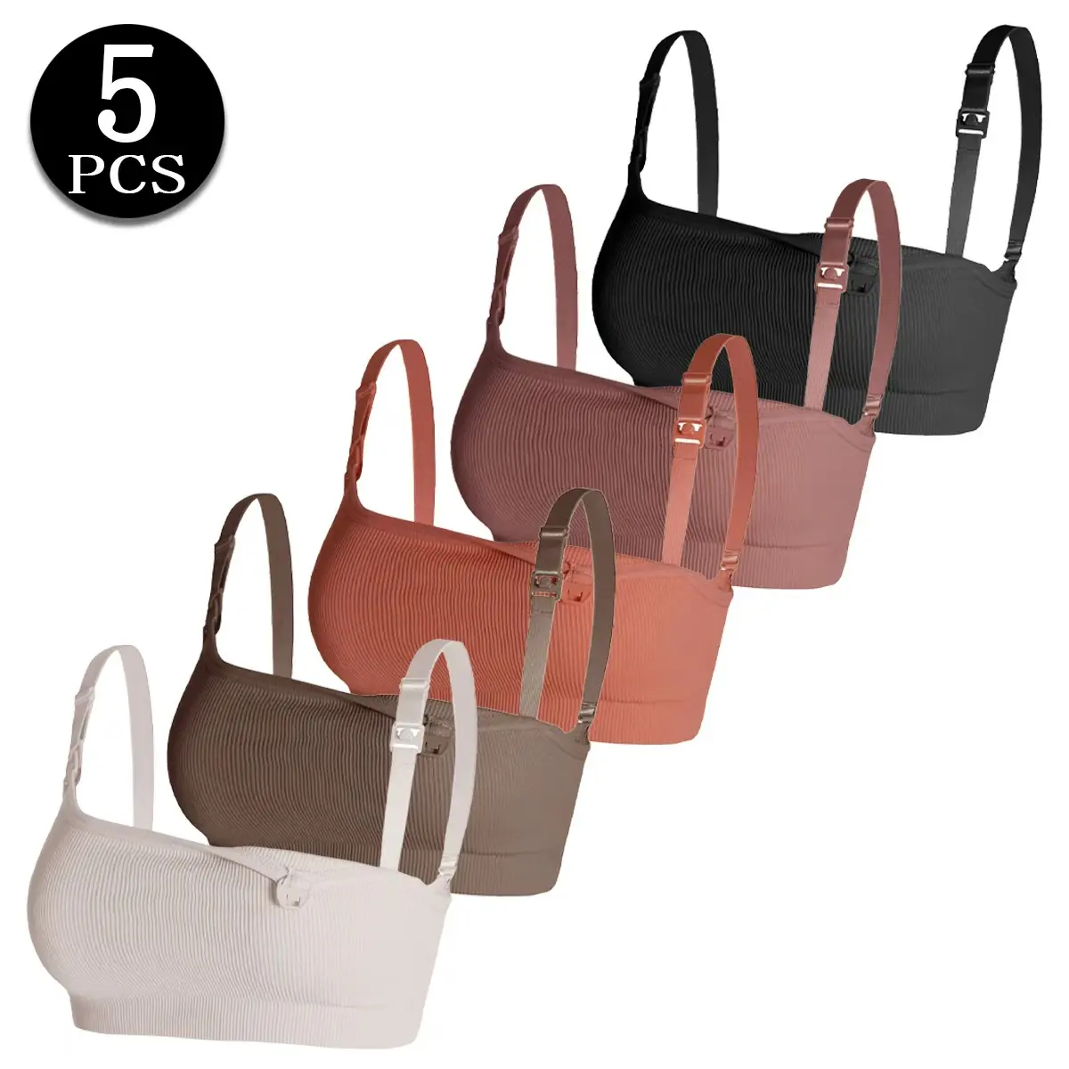 5 PCS Wireless Maternity Nursing Bras for Breastfeeding, Ribbed Bras with One-Handed Clasp, Adjustable Straps, Postpartum Everyday Wear Essentials, Maternity Solid Bra