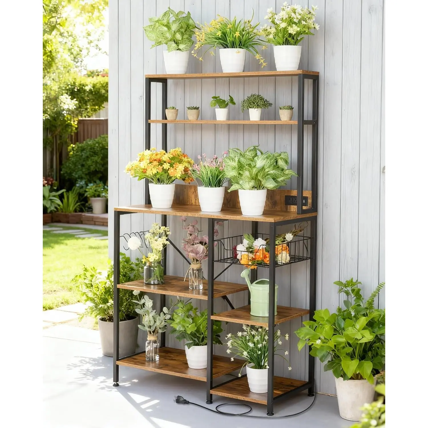 Garvee Rustic Large Kitchen Bakers Rack with Metal Frame, 4-Tier Particle Board Kitchen Shelves, Power Outlet, Power Strip, Microwave Stand, Coffee Bar Table, S-Hooks, Sturdy Load Organizer, Multi-Size, Assembly Required for Spices, Pots, Appliances