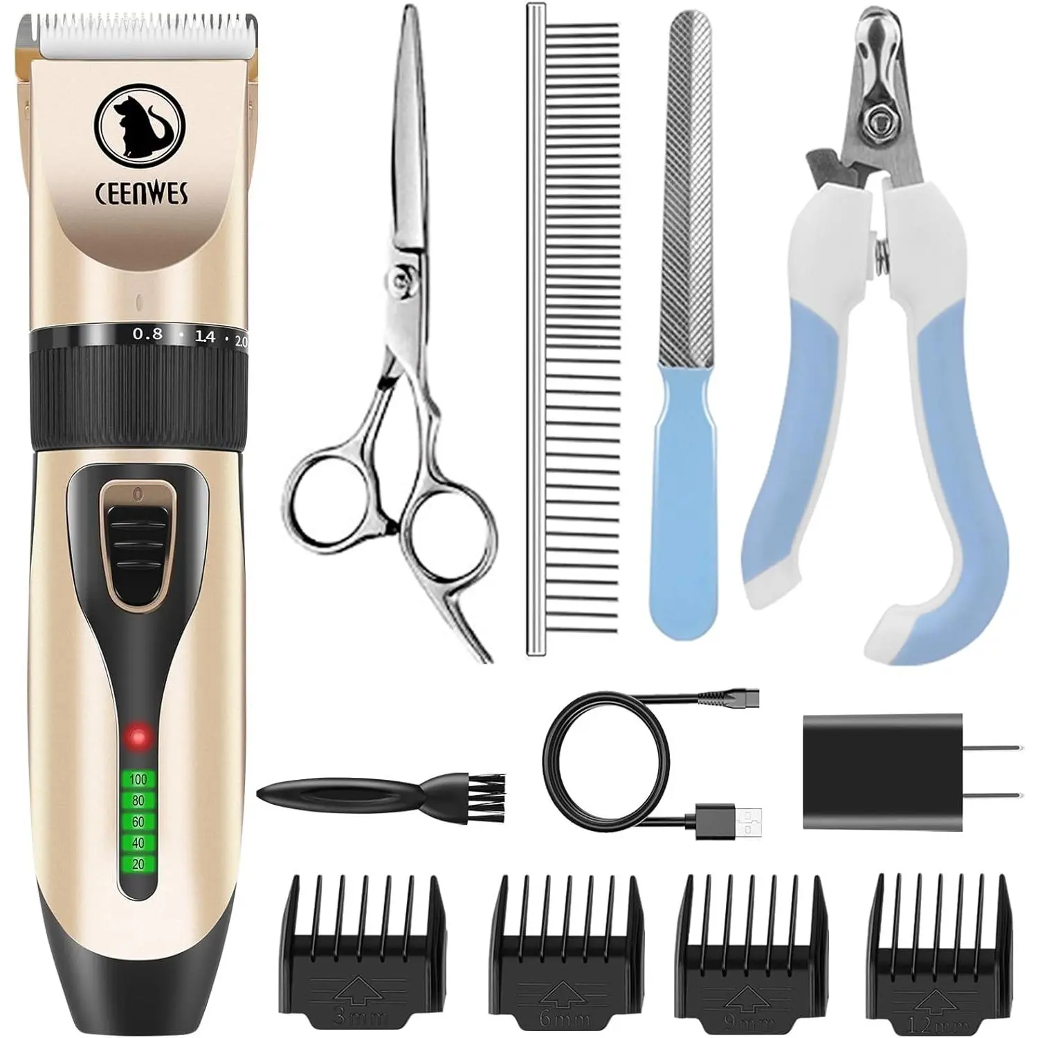 Power Display Dog Clippers Cordless Dog Grooming Kit Professional Horse Clippers Detachable Blade with 4 Comb Guides, Low Noise Pet Clippers Rechargeable Pet Grooming Tools for Dogs Cats Pets