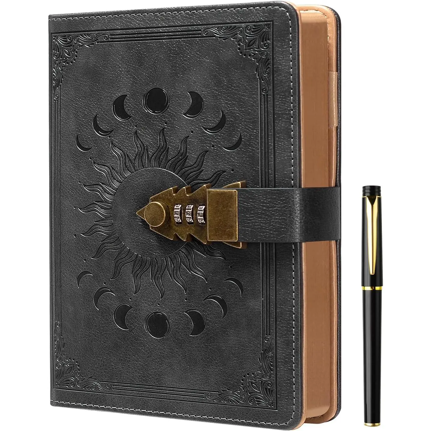 Lock Diary for Women & Men with Pen, A5 240 Pages Journal with lock,  Edge Refillable Leather Journaling Notebooks, (8.5 x 5.9 Inch) Dark Grey