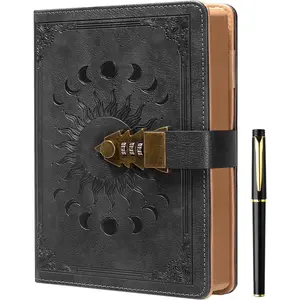 Lock Diary for Women & Men with Pen, A5 240 Pages Journal with lock,  Edge Refillable Leather Journaling Notebooks, (8.5 x 5.9 Inch) Dark Grey