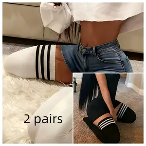 1 Pair/2 Pairs of Autumn And Winter Lengthened Warm Long Stockings, Black And White Long Over-The-Knee Socks, Black And White Striped Long Stockings, Three-Bar Over-The-Knee High Stockings. Suitable for Going Out, Comfortable And Thick