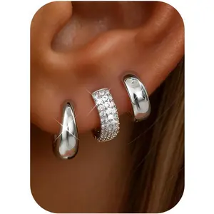 FIASASO 3 Pairs Small 14K Plated Gold Hoop Earrings for Women Trendy Hypoallergenic Silver Earring Stacks Huggie Hoops Earring Sets for Multiple Piercing Chunky Double Hoop Jewelry Lightweight