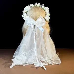 Adjustable Bridal Headband with Veil Handmade Floral Crown for Wedding Braids White Hair Accessories