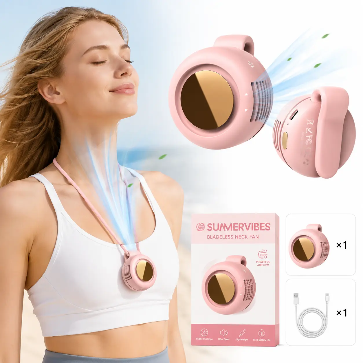 Mini ventilador eléctrico portátil sin aspas - Summervibes Silencioso, 3 velocidades ajustables, cuerpo giratorio, con clip/para llevar en la cintura, ideal para viajes al aire libre y uso en la oficina, regalo de verano , mini ventilador portátil