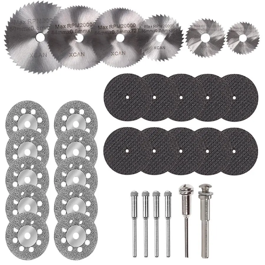 32pcs Cutting Discs for Rotary Tool, Diamond Metal Wood Cutting Wheels, HSS Circular Saw Blades 6pcs with 1/8" Shank, Resin Cutting Discs 20pcs, 545 Diamond Cutting Wheels 10psc