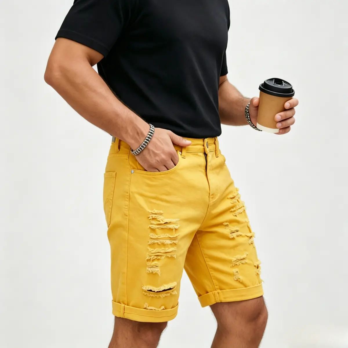 Menswear Casual Yellow Ripped Distressed Denim Shorts - Men's High-Street Style, Straight Cut, Mid-Length, Unique Worn Look