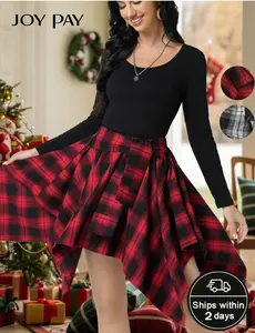 Plaid Handkerchief Hem Skirt with Black Long Sleeve Top – 2 Piece Christmas Outfit for Women Holiday Party Look