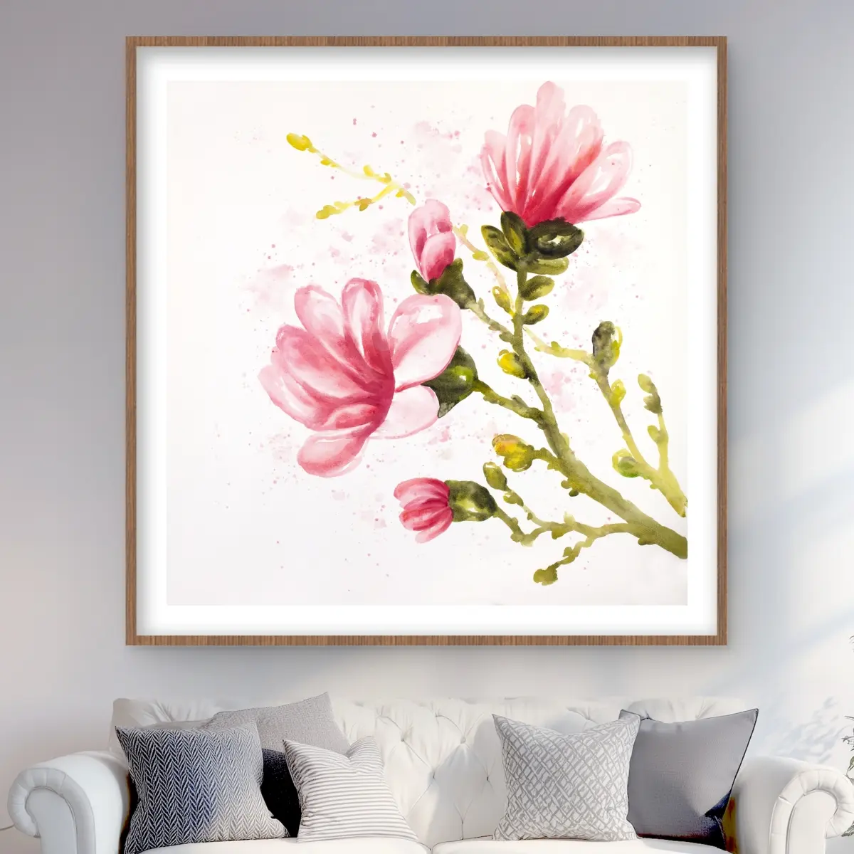 Begin Home Decor C1FM4848VCTOKG 48 x 48 in. Watercolor Magnolia Flowers Print Wall Art - Framed Matted Home Decor