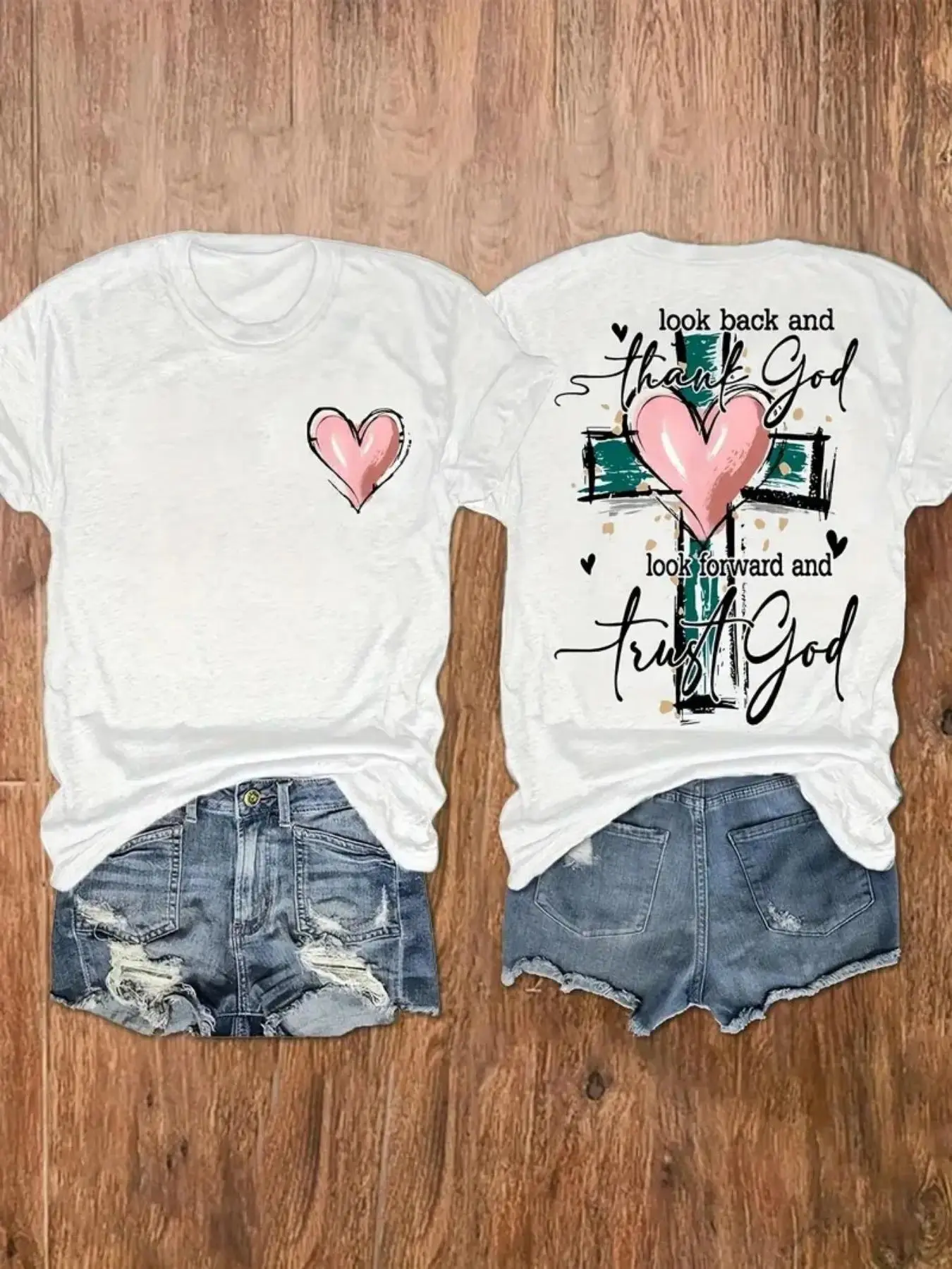 Thank God Trust God Faith Quote Graphic T-Shirt, Pink Heart Cross Print Tee, Classic Crew Neck Shirt, Christian Casual Short Sleeve Top, Trendy Faith Aesthetic Cotton Tee for Christian Believers, Religious Style Fans and Casual Fashion Enthusiasts
