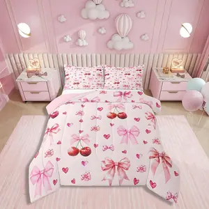Feelyou Microfiber Soft Bedding Set - Coquette Comforter with Pink Ribbon Bowknot, Kawaii Princess Style Cherry Bow Quilt Insert for Girly Bedroom Decor