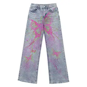 Cyber Fairy Butterfly Printed Jeans Women Y2K Wide Leg Denim Pants Stretch High Waist Streetwear Vintage Light Wash Baggy Jeans Aesthetic Flare Denim Pants