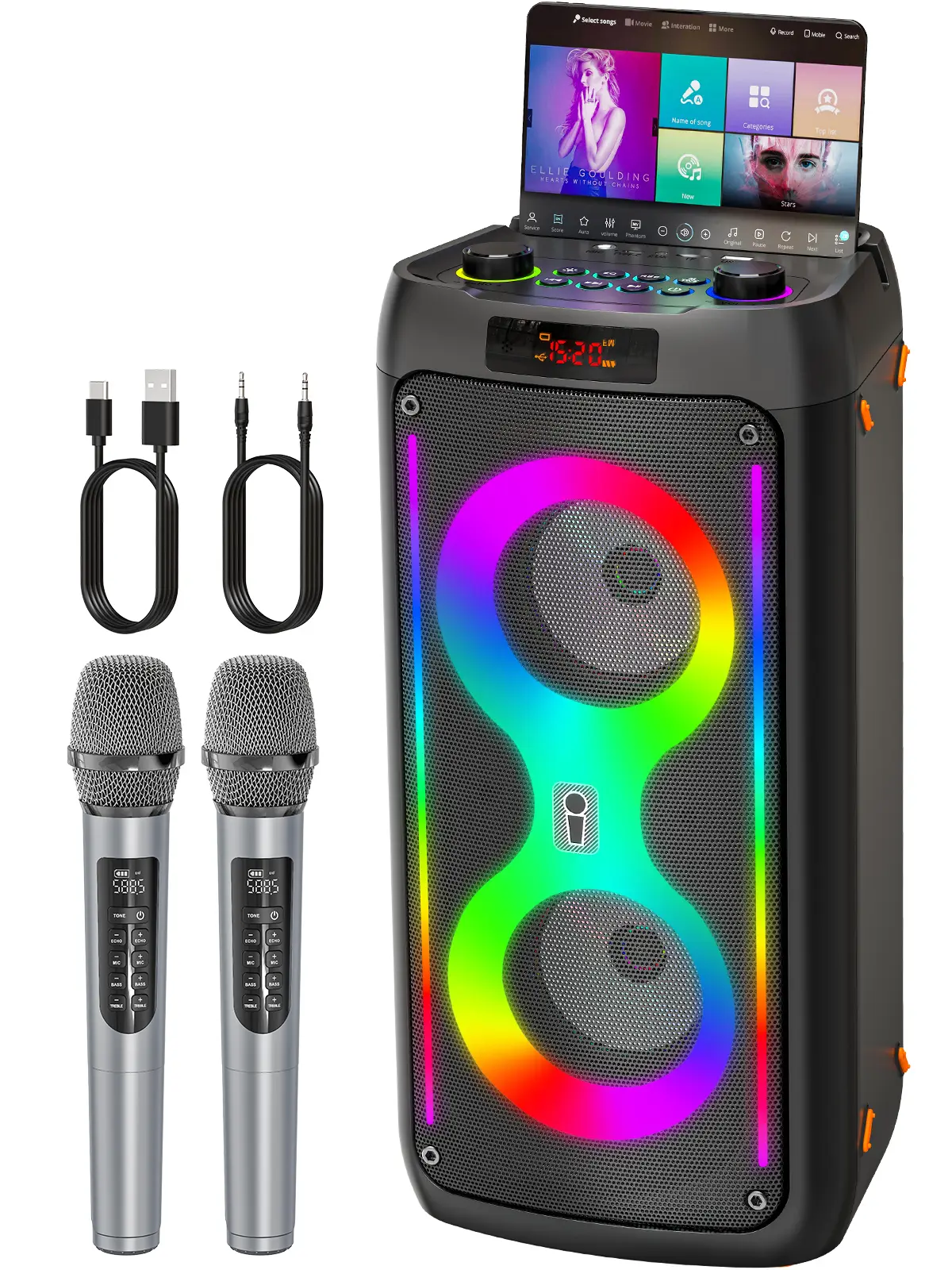Karaoke Machine, Portable Outdoor Speaker with 2 Wireless Microphones, PA System with LED Lights for Camping, Beach, Party, Supports USB/TF/REC/AUX, 6000mAh Battery, Ideal Gifts for Adults