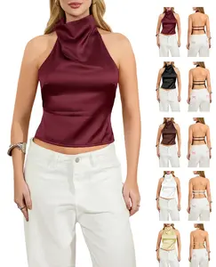 Women's Satin Material Halter Neck Sleeveless Backless Solid & Multi-Color Basic Shirts, Tank Tops, Summer Chic Tops for Easter