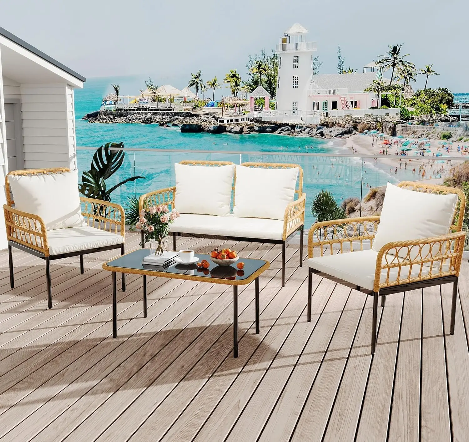 Boho 4-Piece All-Weather Wicker Outdoor Patio Conversation Set - 4 Seats (Loveseat, 2 Chairs), Glass Top Side Table, Ergonomic Detachable Waterproof Cushions, Adjustable Ultra-Resistant Outdoor Furniture for Patio, Front Porch, Balcony, Porch Styling, Fou