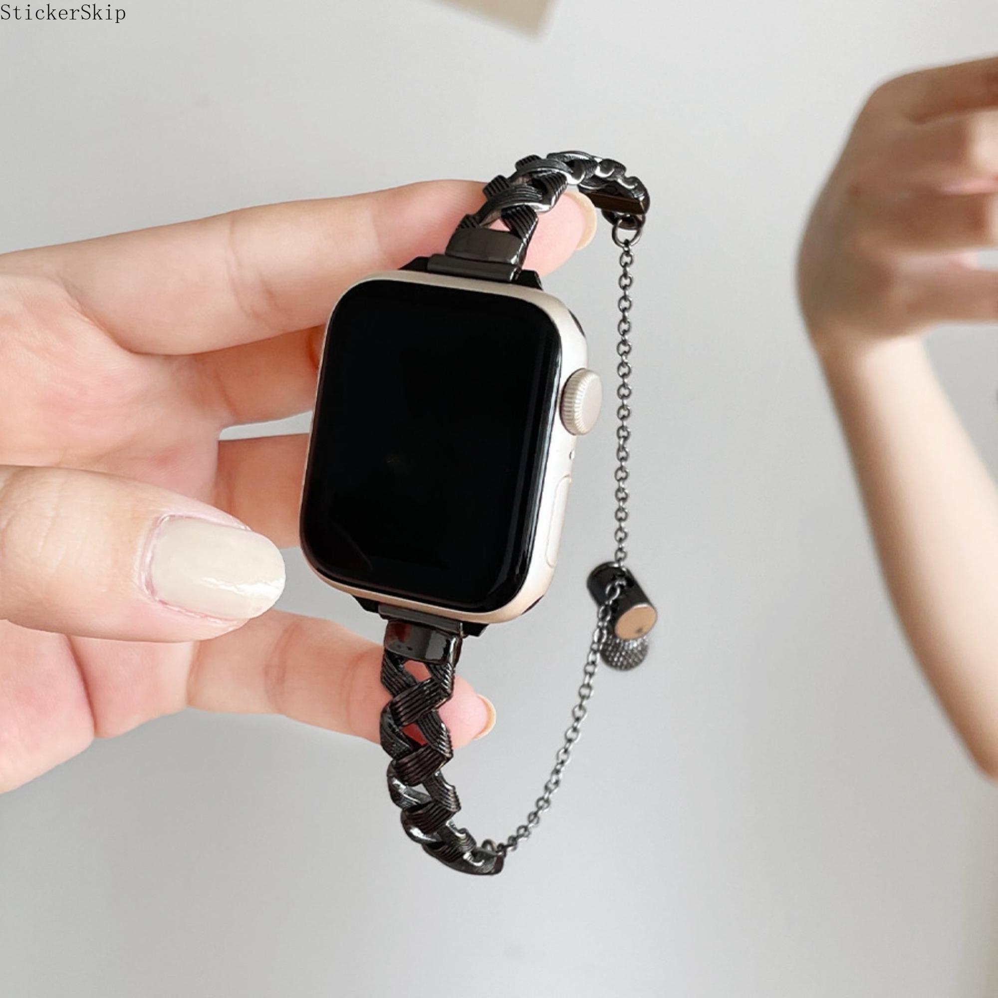 2026 Apple Watch Band, Braided Leather Chain Strap with Safety Chain, Gothic Punk Style iWatch Wristband for Series 10 9 8 7 6 5 4 SE Ultra, Adjustable Luxury Replacement Strap for Daily Wear & Night Out