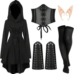 Halloween Women’s Renaissance Fairy Costume Set, Medieval Hooded Dress with Accessories, Get Ears as a Gift Black Cape