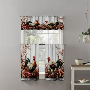 JOYFINITY 2D Flat, 3pcs 2D Flat Printing Kitchen Curtain,Retro Pink Floral Rooster Pattern Print Curtain Set,Rod Pocket Valance Curtain Tier,Window for Kitchen Cafe Living,Christmas Home Decor, 2D Flat
