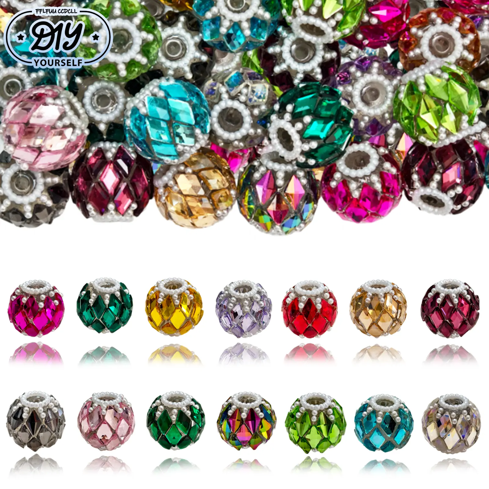 Vibrant Pearl Trim Faceted Rhinestone Round Chunky Beads, Mixed Color Large Hole Resin Beads, DIY Bracelet Bag Charm Keychain Jewelry Making Supplies, 5Pcs Random Shipment
