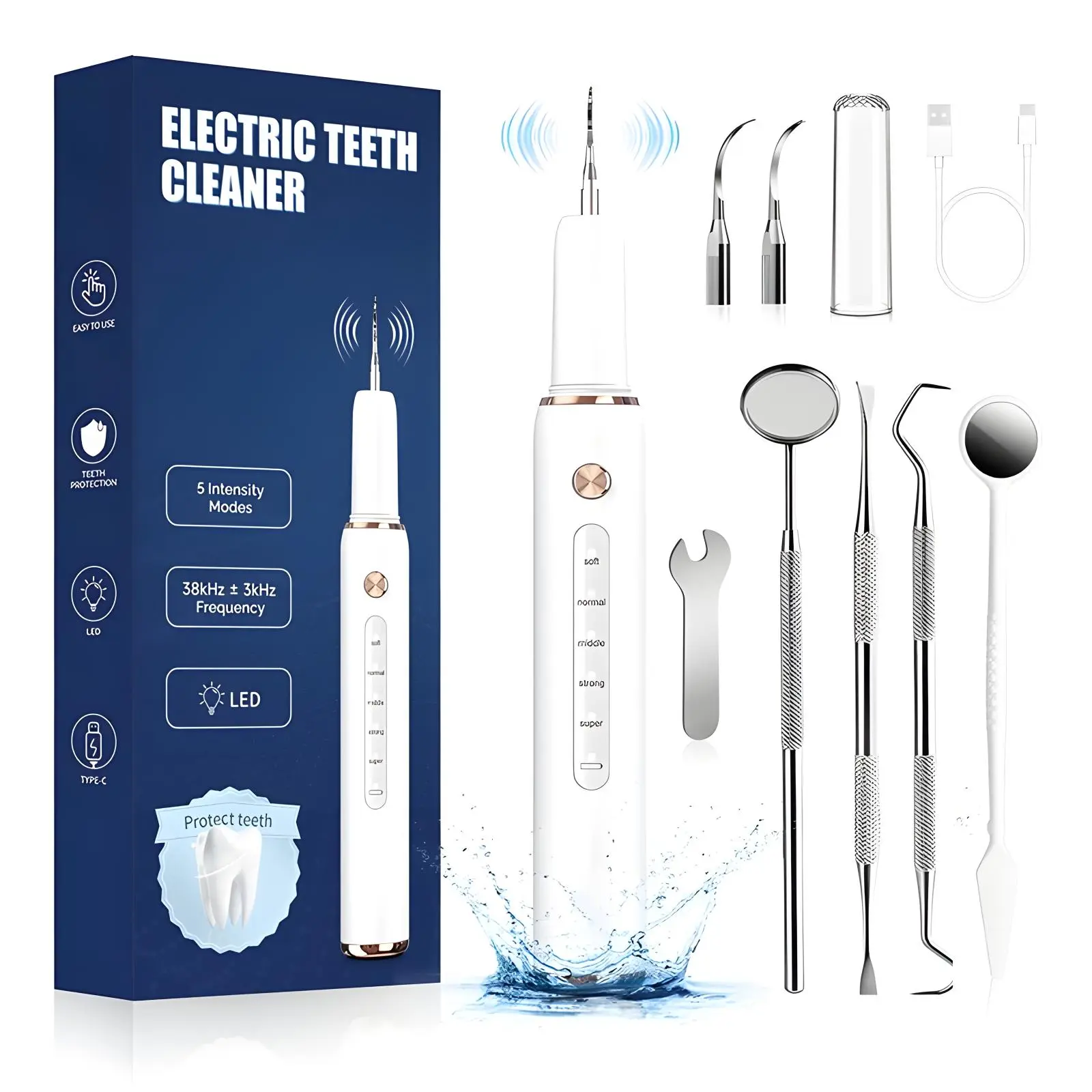 Portable Electric Tooth Cleaner, LED Light, 4 Modes, Rechargeable, Includes 4 Tools, 2 Replaceable Heads, Christmas Gift
