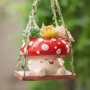 Mushroom Decor for Outdoor Garden, Cute Smiley Hanging Planter Pot with Drainage, Gardening Plant Gifts for Women and Plant Lovers