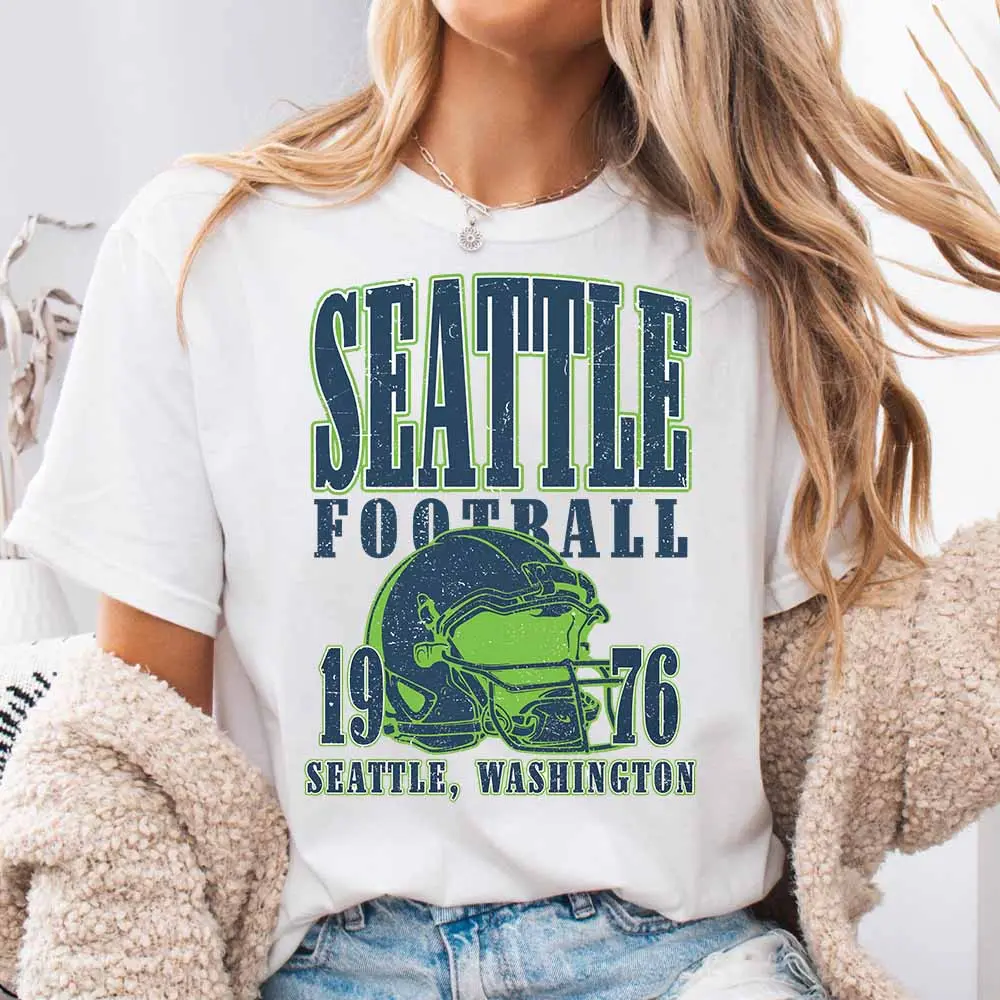 Seattle Football 1976 Helmet Vintage Print, Women's T-Shirt, Retro Sports Fan Apparel, Casual Daily Wear Game Day Outfit