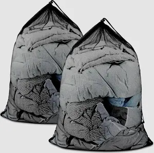 2 Pack Large Laundry Bags, 24" x 36" Heavy Duty Strong Drawstring Dirty Clothes Bags with Soft Breathable Net, Machine Washable Laundry Bag for College, Dorm, Camp, Travel and Family Use(Black)