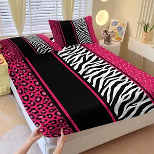 Cool Black Pink Animal Print Patchwork Fitted Sheet Set, 1 Fitted Sheet + 2 Pillowcases, No Core, Street Style Leopard Zebra Print Bedding, Soft, Comfortable & Breathable, Suitable for All Seasons, Fashion Bedroom Decor
